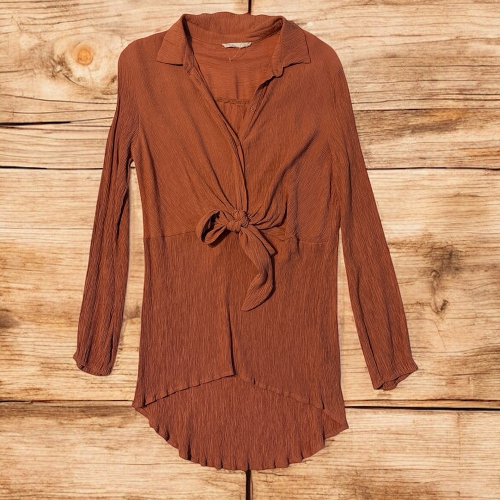 La ven,Elegant Rust Tie-Front Blouse long-sleeved ,size large, Orange toasted